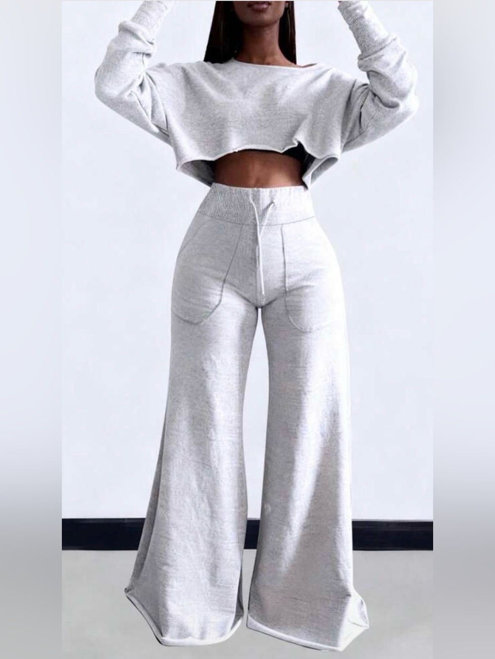High-Rise Wide-Leg Knit Pants - Light Gray